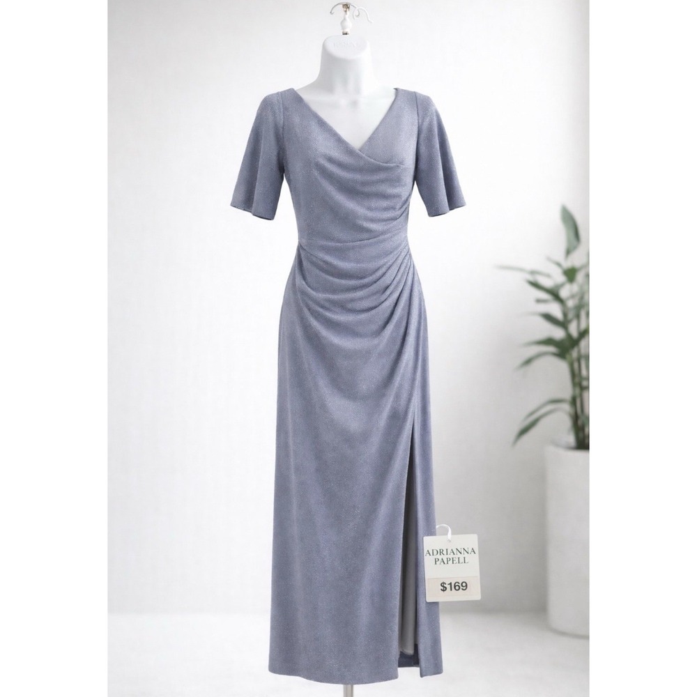 Adrianna Papell Shimmer Periwinkle Silvery Ruched Maxi Dress Formal Gown Size 4